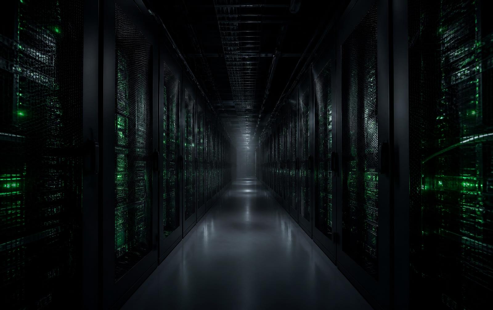 Dark data centre aisle with server racks used for AI workloads
